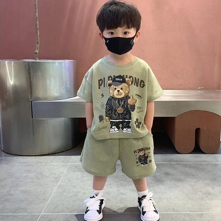 Korean Style T-shirt+Shorts 2-piece Clothes Sets 1-12 Y Kids Boys Fashion Handsome Cartoon Bear Summer Casual Sports Jersey Suit Robust Clothing Store