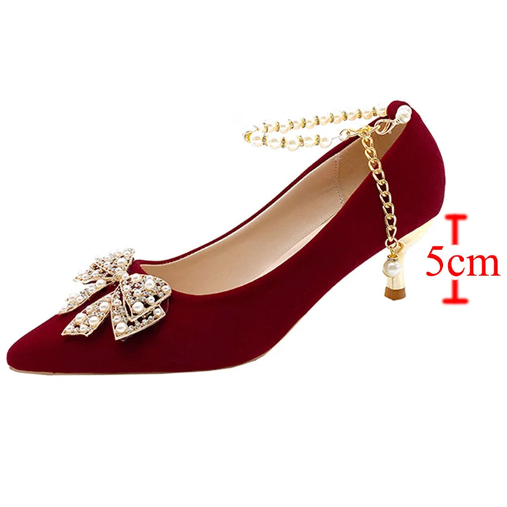 Red Pearl Bowknot String Bead High Heels Pumps - Party Shoes