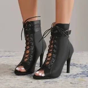 Mesh Lace-up Stiletto Booties Open Toe