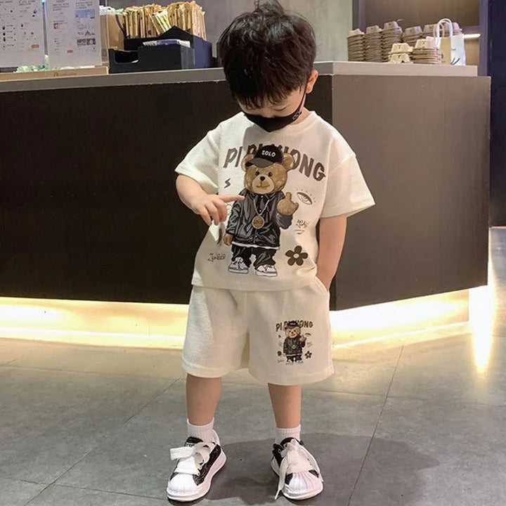 Korean Style T-shirt+Shorts 2-piece Clothes Sets 1-12 Y Kids Boys Fashion Handsome Cartoon Bear Summer Casual Sports Jersey Suit Robust Clothing Store