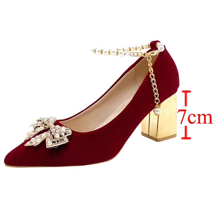 Red Pearl Bowknot String Bead High Heels Pumps - Party Shoes