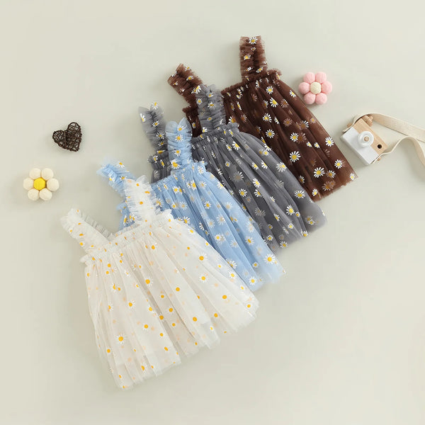 Girls Princess Summer Sling Dress Sleeveless Daisy Print