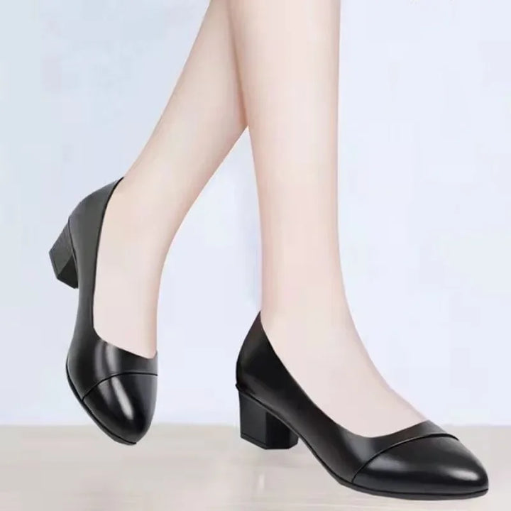 Pointed Toe Leather Mid Heel Pumps