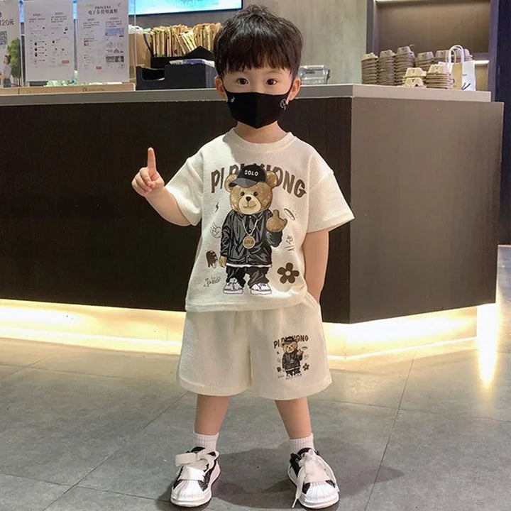 Korean Style T-shirt+Shorts 2-piece Clothes Sets 1-12 Y Kids Boys Fashion Handsome Cartoon Bear Summer Casual Sports Jersey Suit Robust Clothing Store