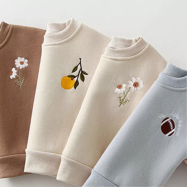 Toddler Embroidery Thicken Fleece Warm Sweatshirt & Pant Outfit