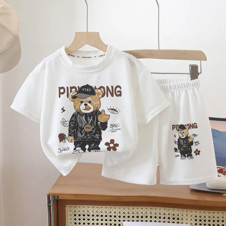 Korean Style T-shirt+Shorts 2-piece Clothes Sets 1-12 Y Kids Boys Fashion Handsome Cartoon Bear Summer Casual Sports Jersey Suit Robust Clothing Store