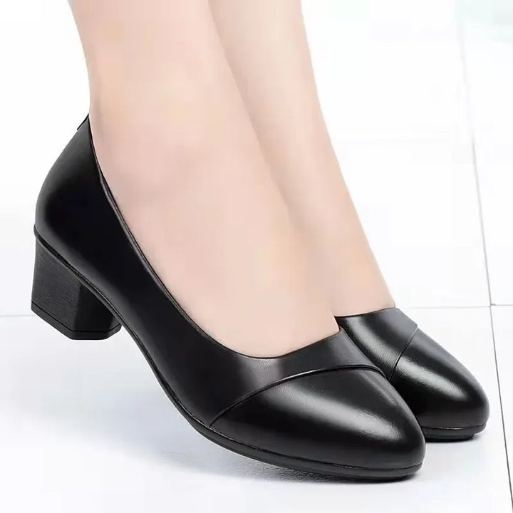 Pointed Toe Leather Mid Heel Pumps