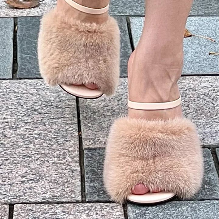 Fur Peep Toe Mule Heel Sandals