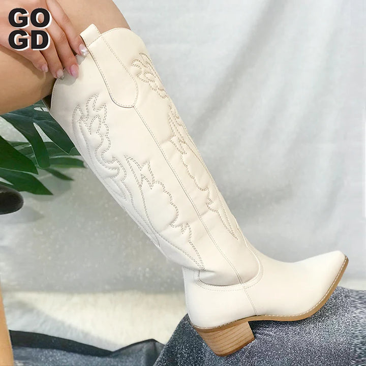 Retro Knee-High Embroidered Cowboy Boots | Women's Shoes