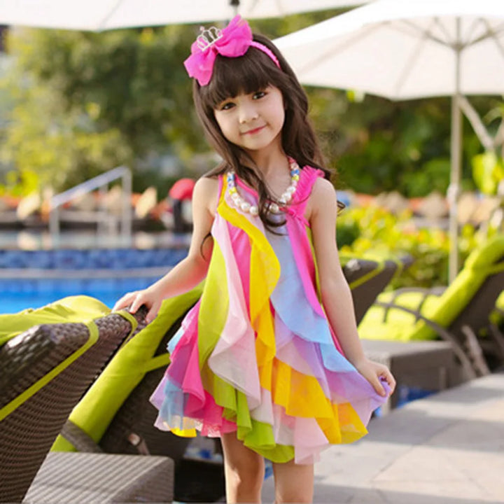 Girls’ Summer Rainbow Stripe Chiffon Princess Dress - Formal Vest Prom Attire