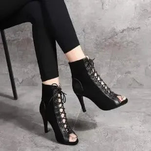 Mesh Lace-up Stiletto Booties Open Toe