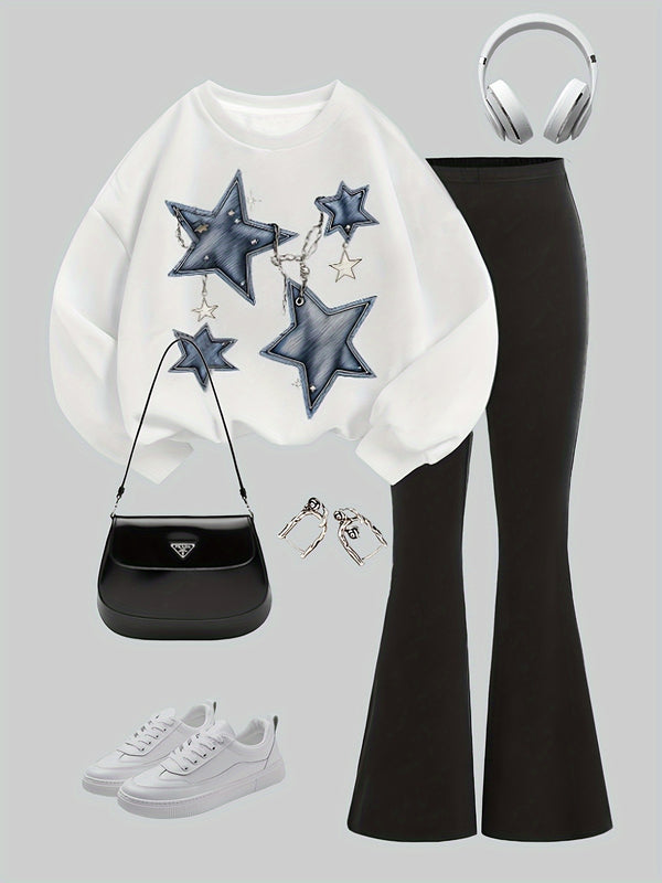 Girls Star Print Sweatshirt & Flared Pants – Casual Fall/Winter Outfit