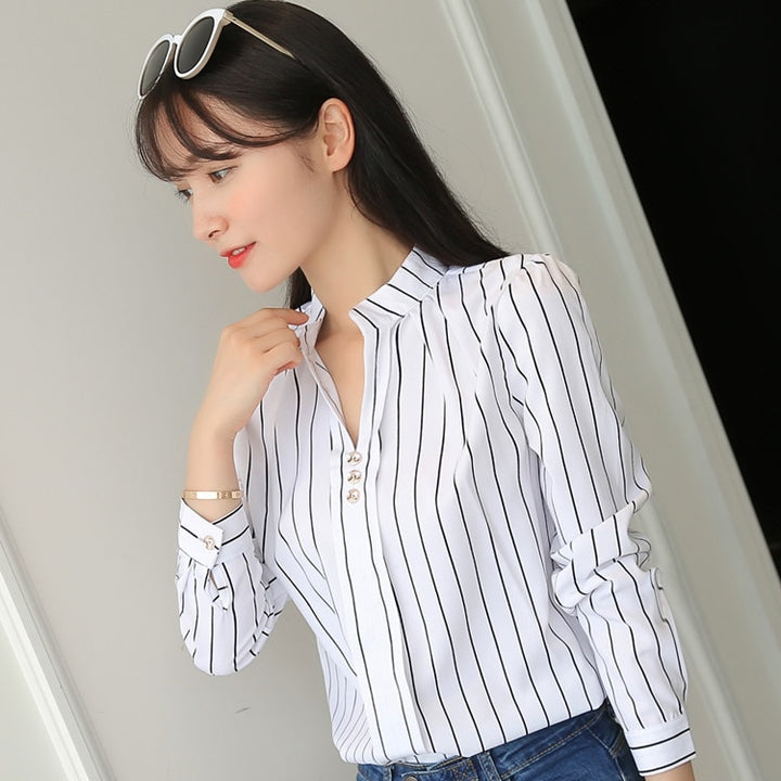 JFUNCY Stripe White Print Long Sleeve Shirts, Female Slim Blouse - Robust Quality Store