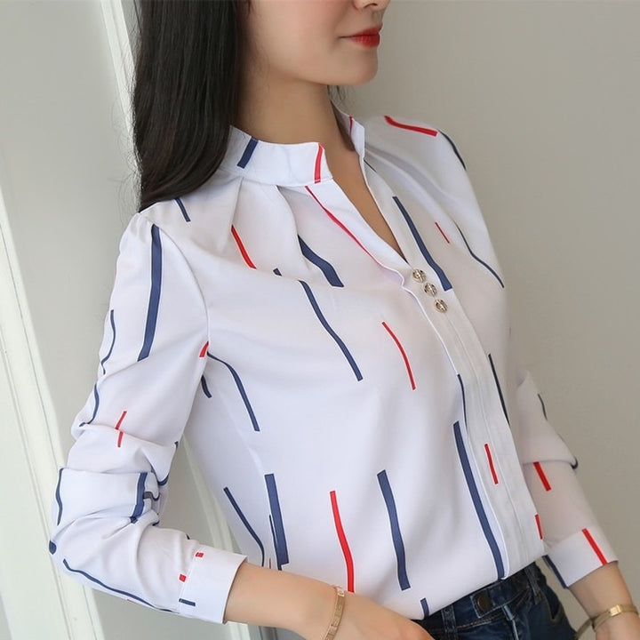 JFUNCY Stripe White Print Long Sleeve Shirts, Female Slim Blouse - Robust Quality Store