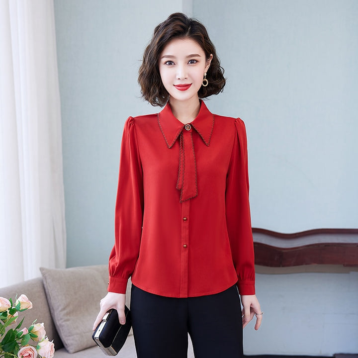 Korean Lapel Ribbon Chiffon Shirt, Blouse - Robust Quality Store