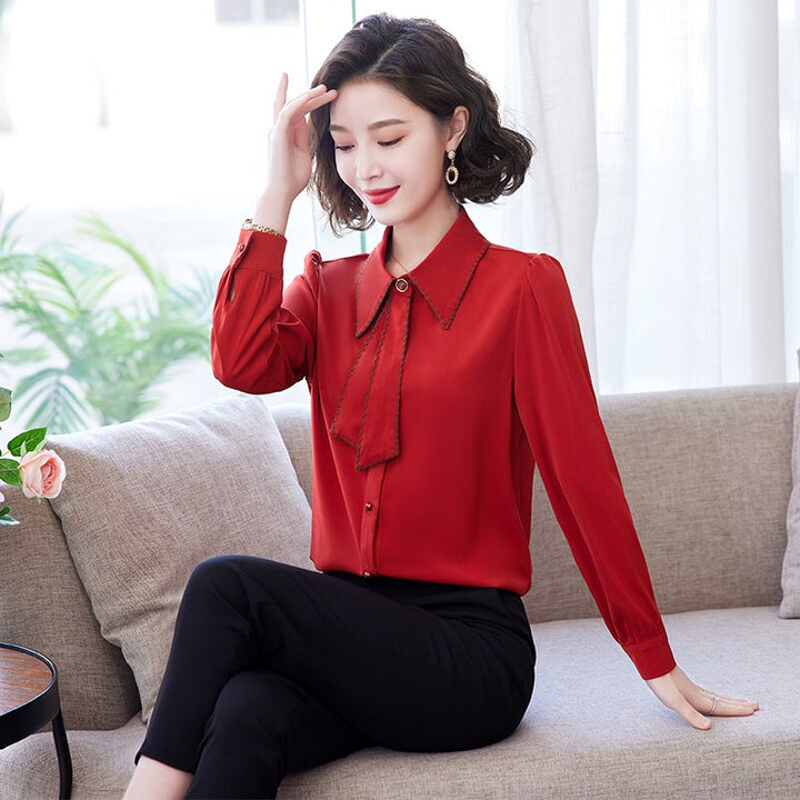 Korean Lapel Ribbon Chiffon Shirt, Blouse - Robust Quality Store