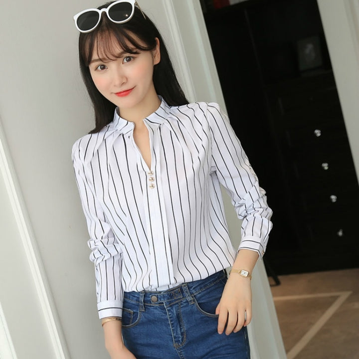 JFUNCY Stripe White Print Long Sleeve Shirts, Female Slim Blouse - Robust Quality Store