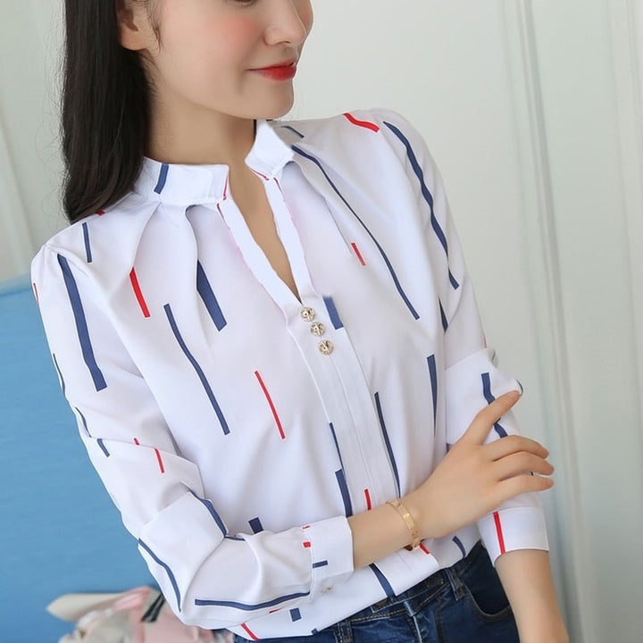 JFUNCY Stripe White Print Long Sleeve Shirts, Female Slim Blouse - Robust Quality Store