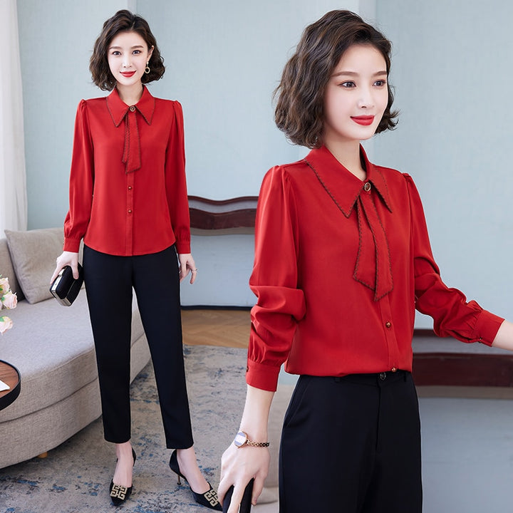 Korean Lapel Ribbon Chiffon Shirt, Blouse - Robust Quality Store